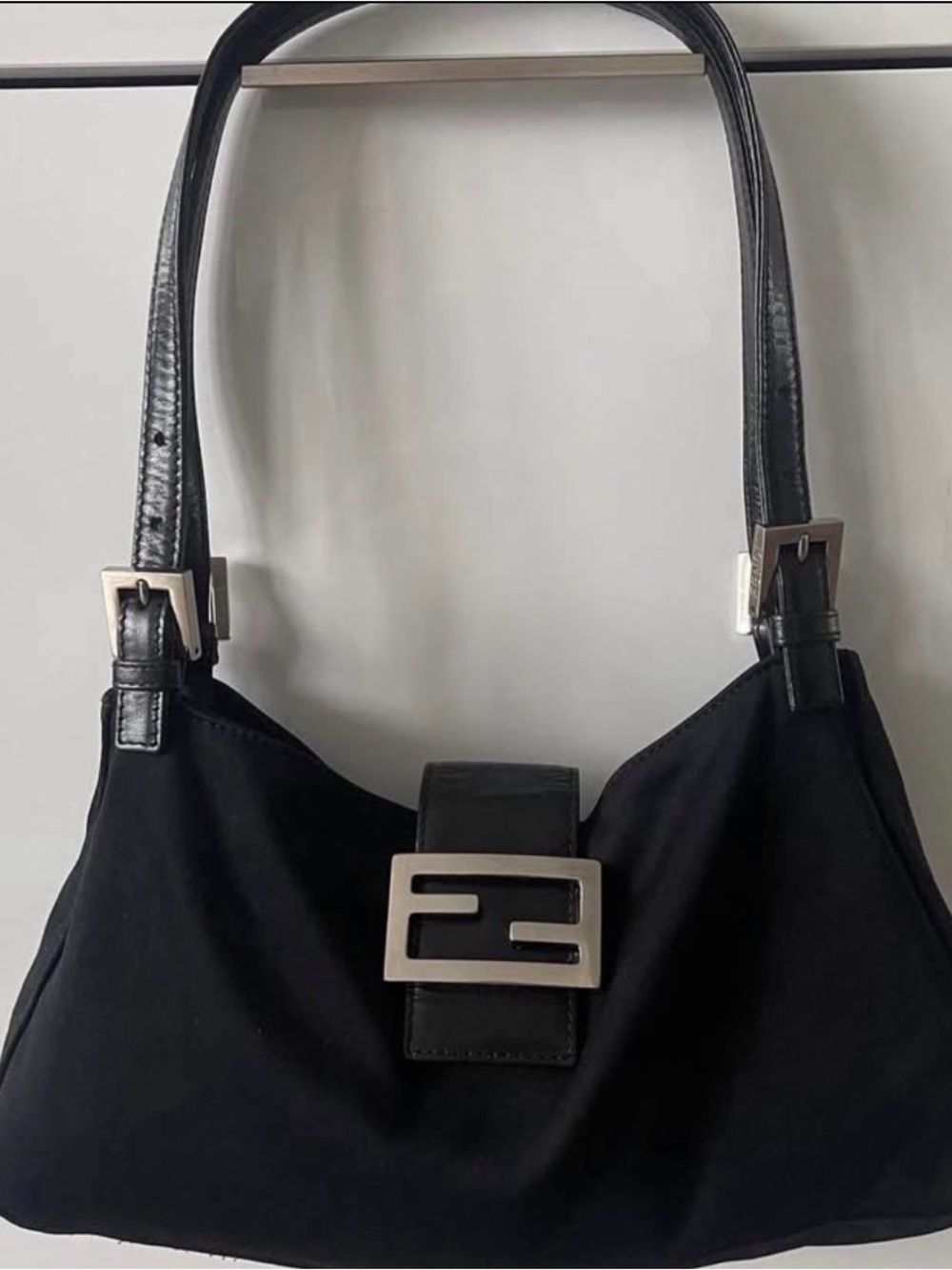 Fendi Leather-Trim Black Shoulder Bag with Silver Hardware